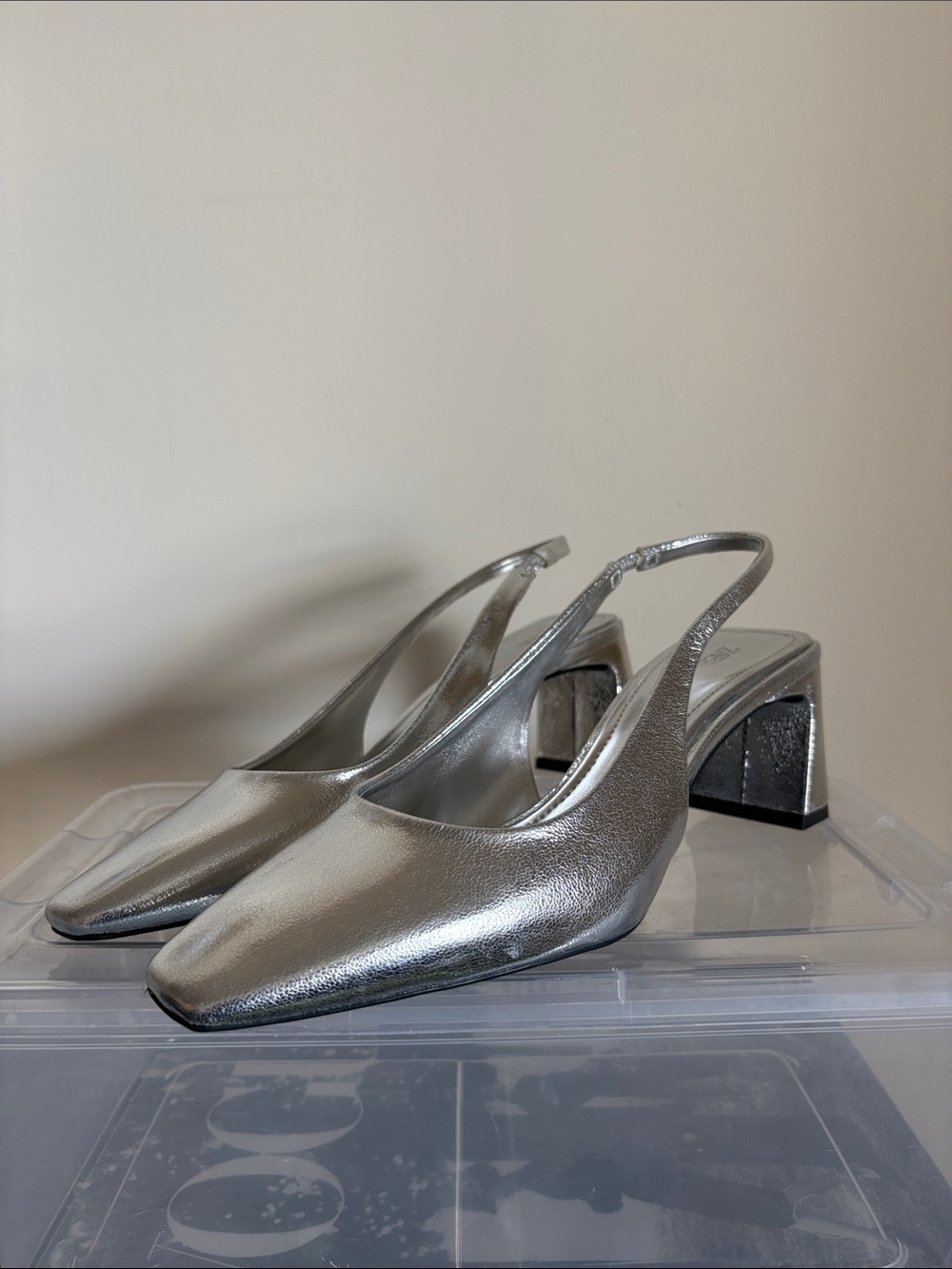 Zara Silver Slingback Block Heel Pumps